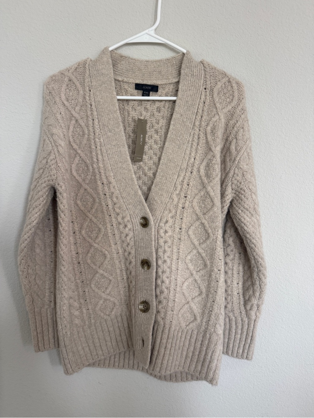 J. Crew Cable-knit Stretch Merino Wool Blend Cardigan XXS in Oatmeal, NWT